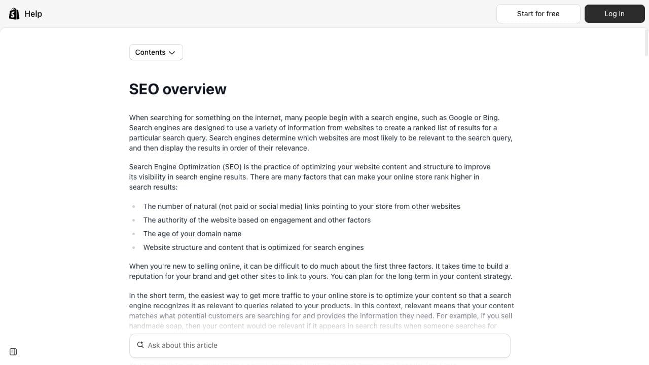 Official Shopify Help Center SEO overview