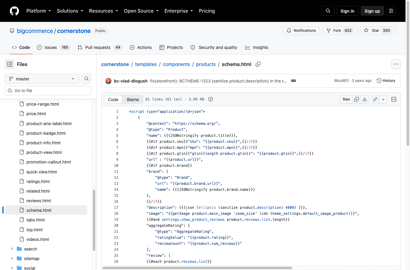 BigCommerce Cornerstone source showing Product JSON-LD fields