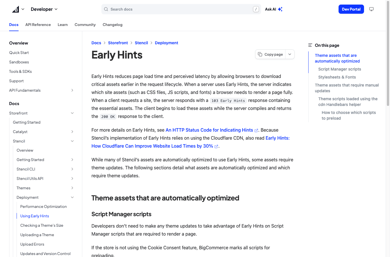 BigCommerce Stencil documentation explaining Early Hints and theme asset handling