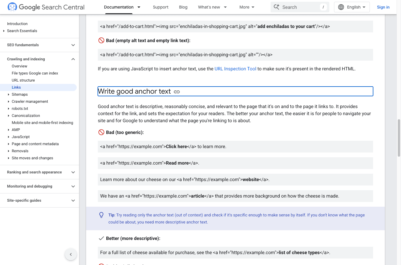 Google Search Central guidance about descriptive and concise anchor text
