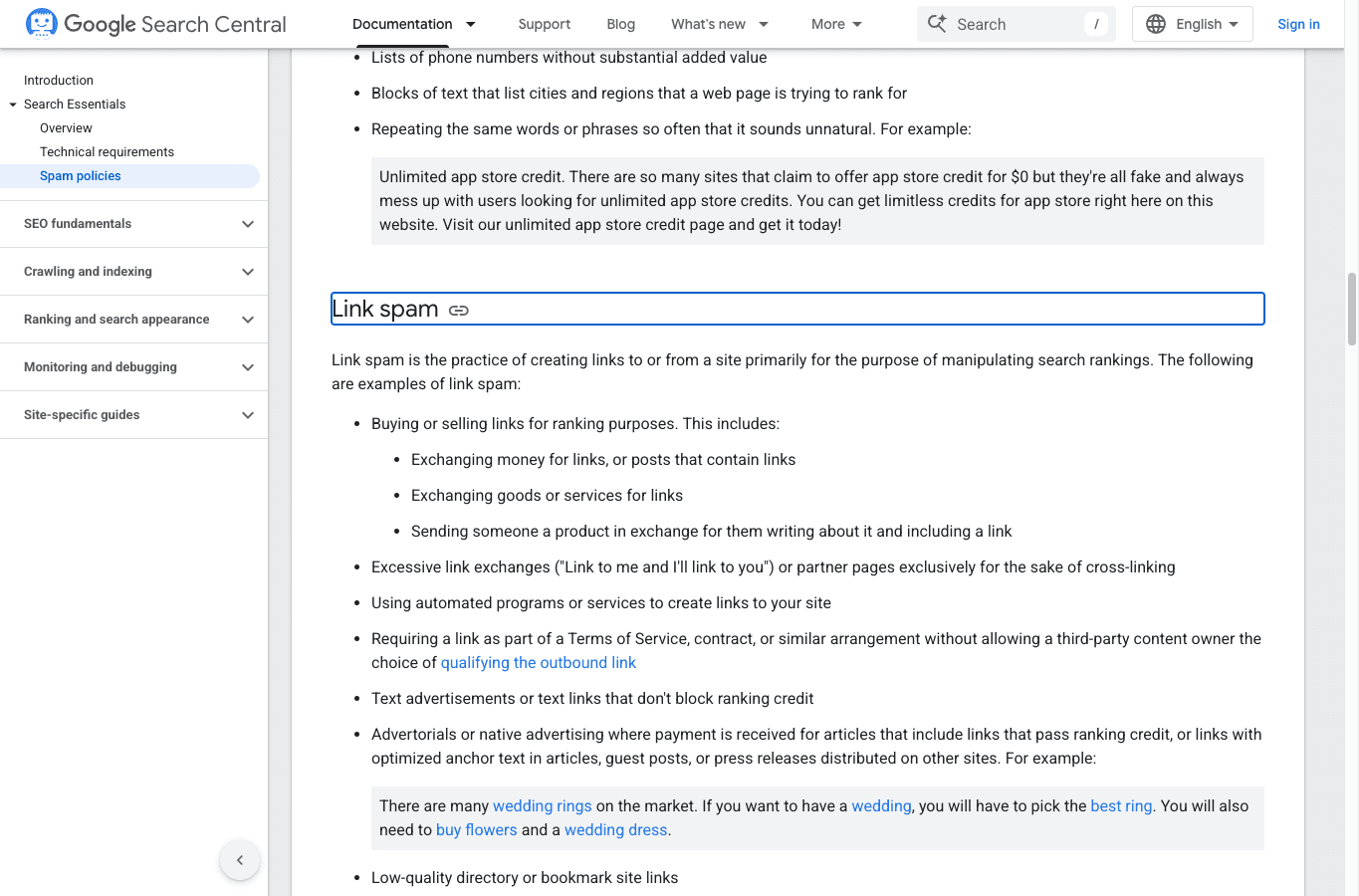 Google Search Central spam policies describing link spam examples