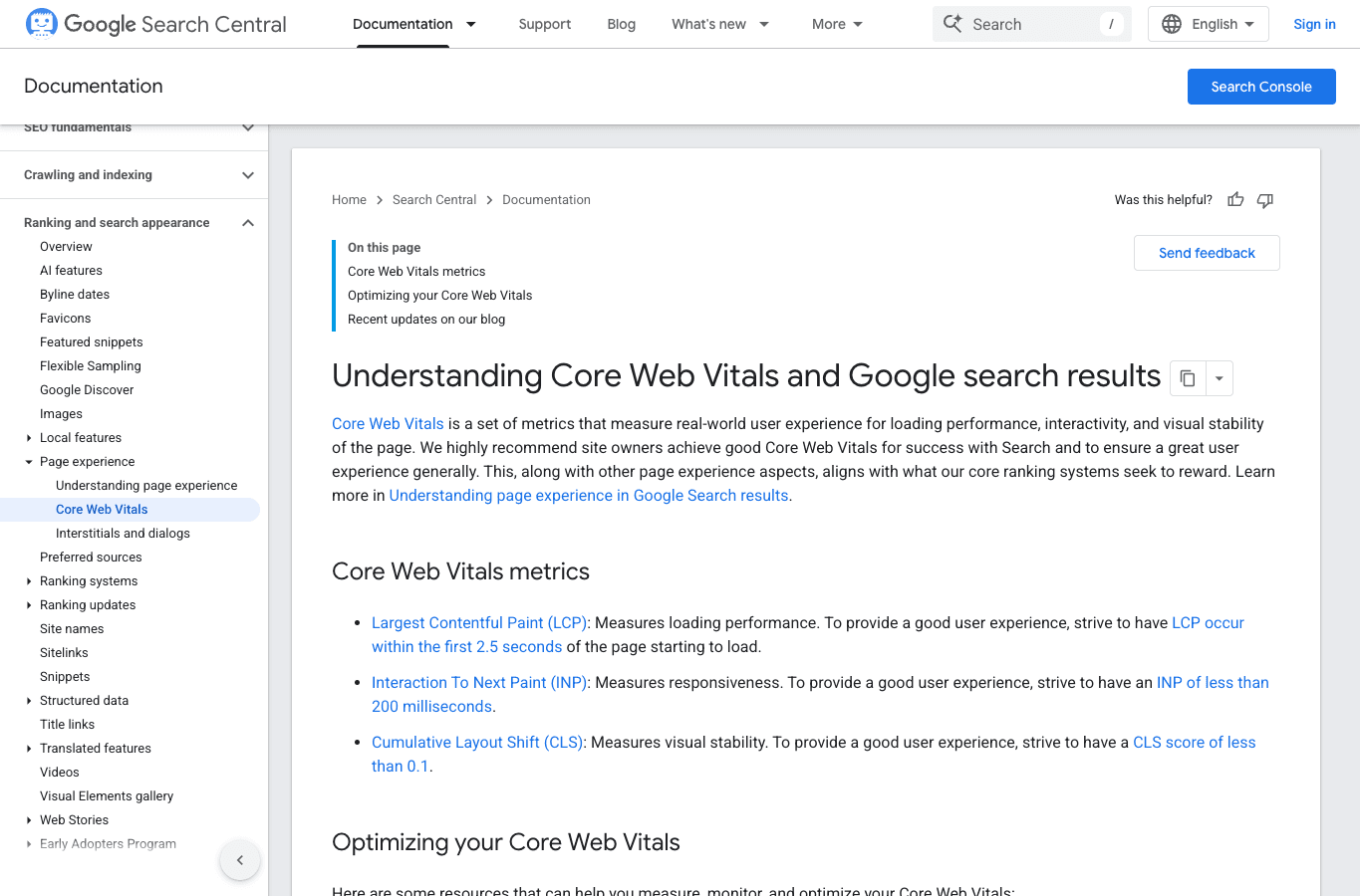 Google Search Central Core Web Vitals guidance showing LCP INP and CLS thresholds