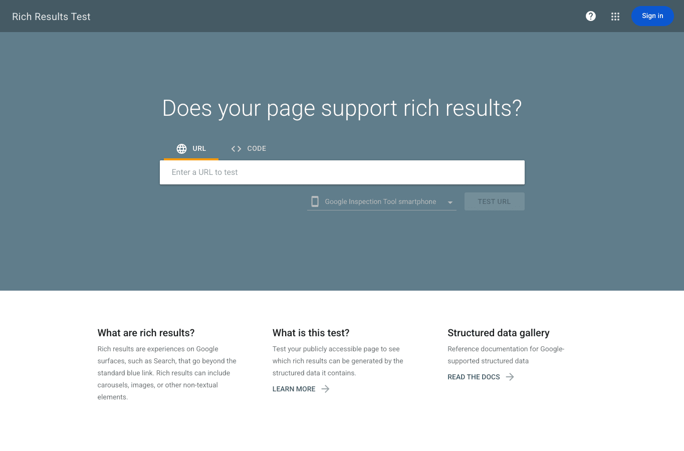 Google Rich Results Test interface for testing a URL or code