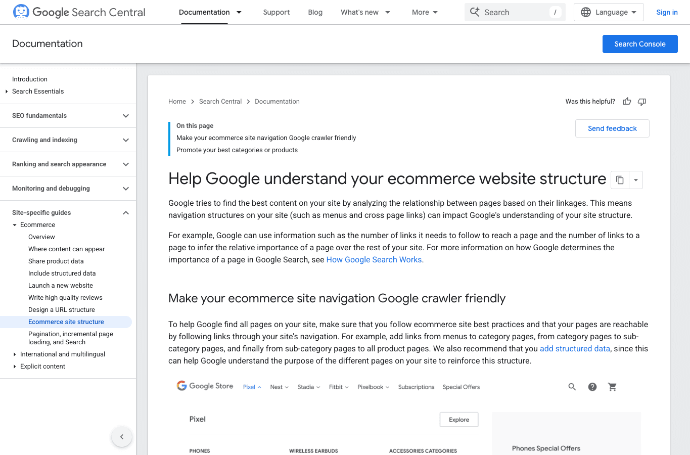 Google Search Central guidance about crawlable ecommerce navigation and product discovery