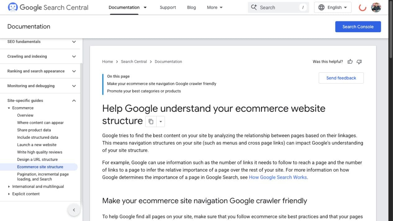 Google documentation example of an ecommerce site structure connecting navigation, categories and products