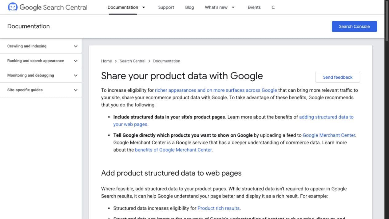 Google Search documentation showing ways ecommerce sites can share product data