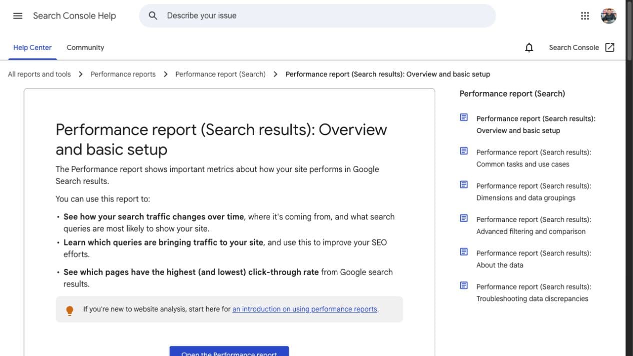 Google Search Console performance report showing query and page measurement dimensions