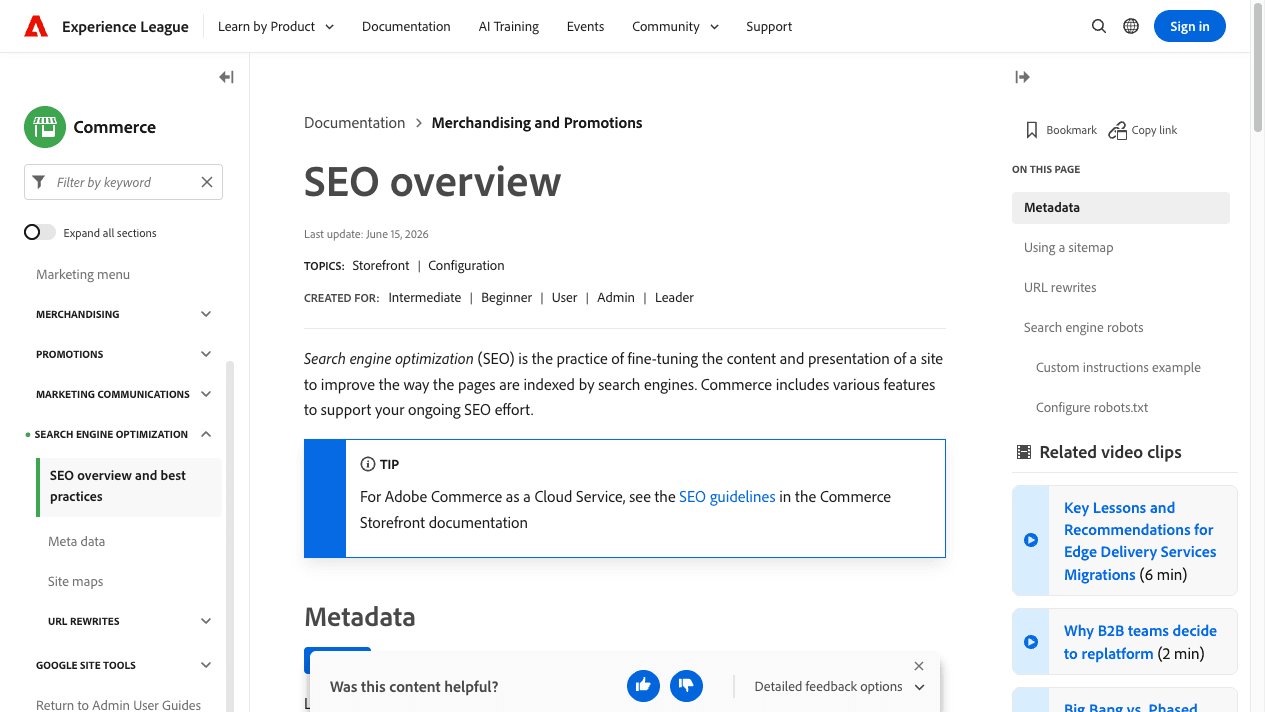 Adobe Commerce SEO overview documenting native search controls