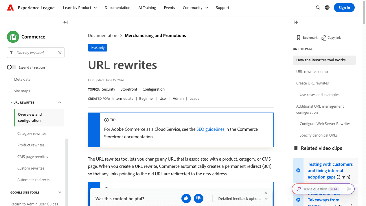 Adobe Commerce URL rewrite documentation showing rewrite and redirect controls