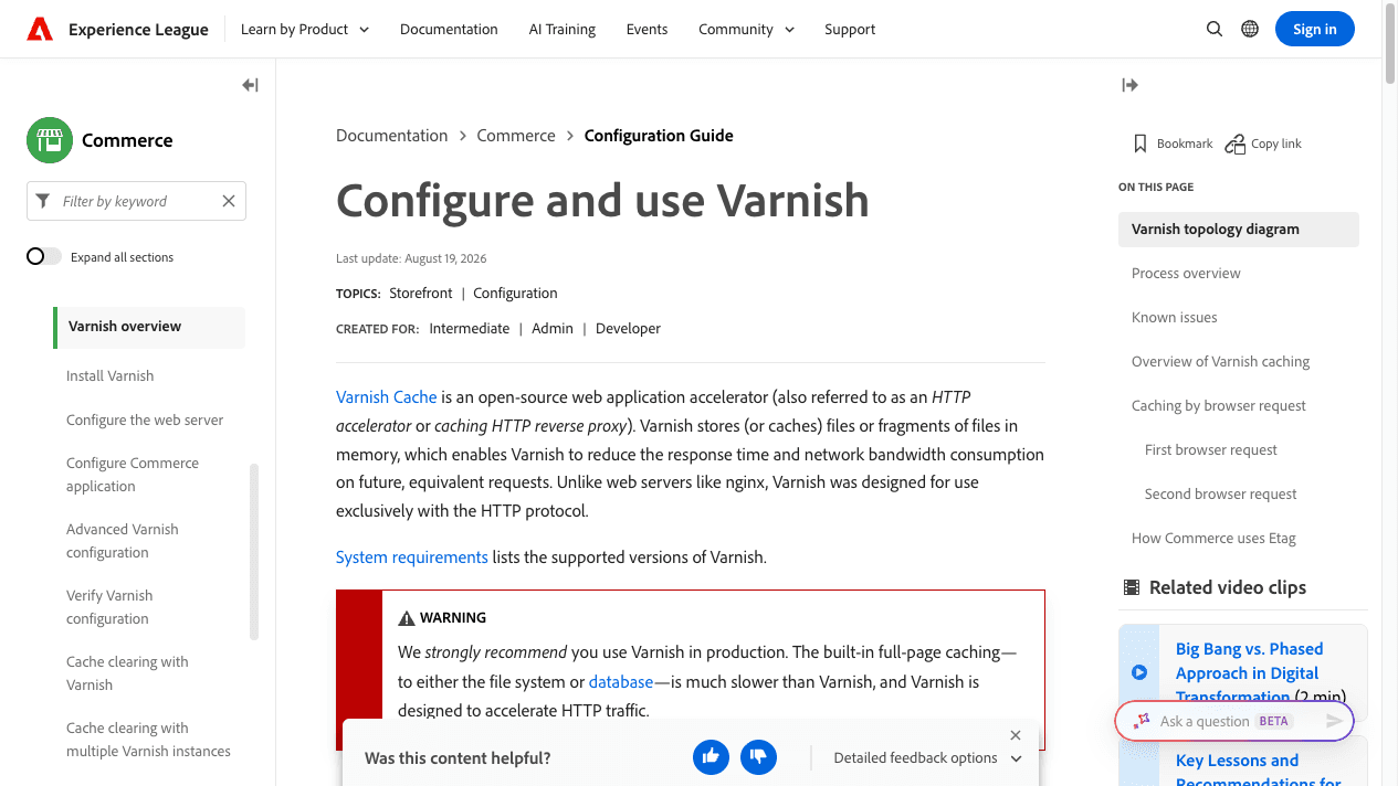 Adobe Commerce documentation distinguishing Varnish and cloud caching guidance