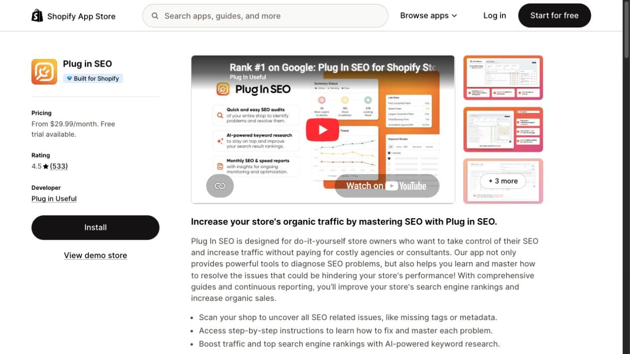Official Plug In SEO Shopify App Store listing recording dated pricing alongside review information and audit positioning
