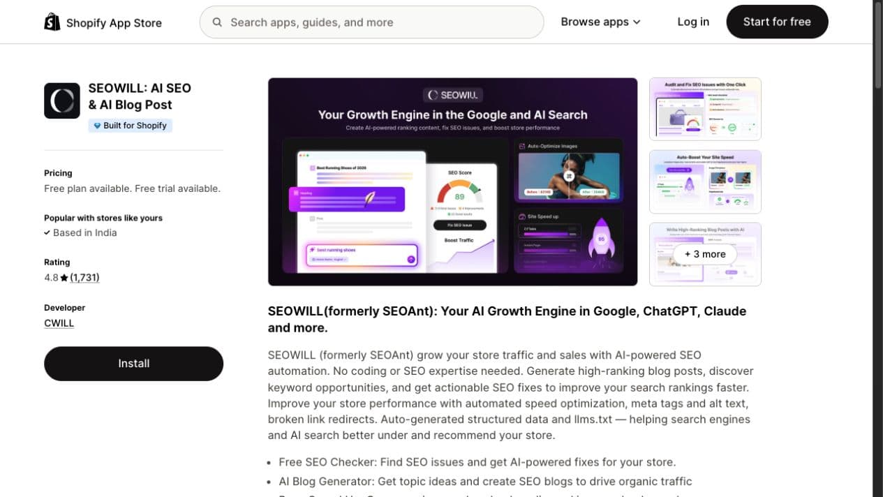 Official SEOWILL Shopify App Store listing showing its dated free plan, review information and India-based developer