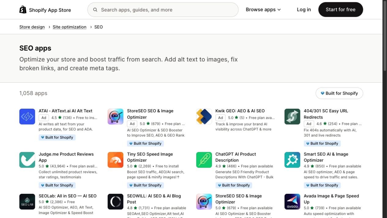Official Shopify App Store SEO category captured on 24 August 2026