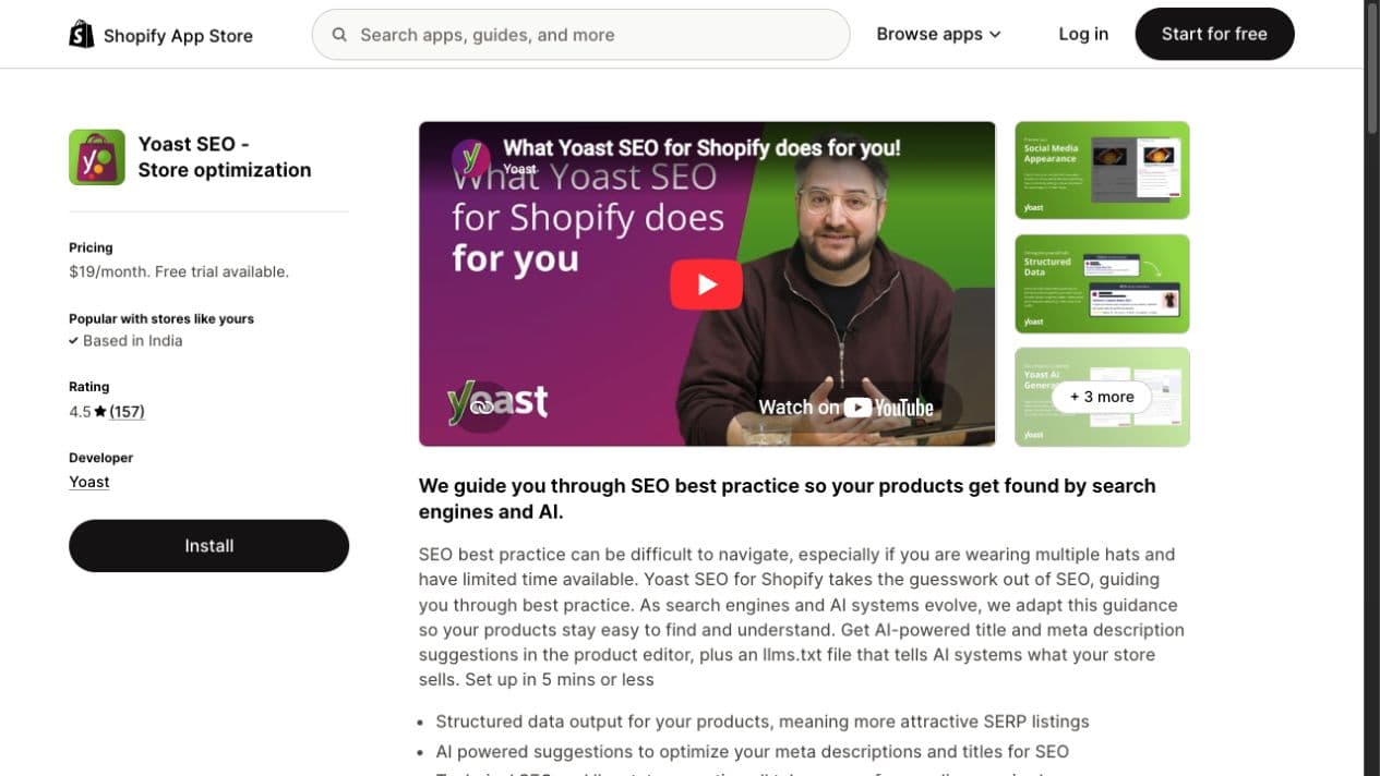 Official Yoast SEO for Shopify listing recording dated pricing and review information beside its guided-analysis positioning