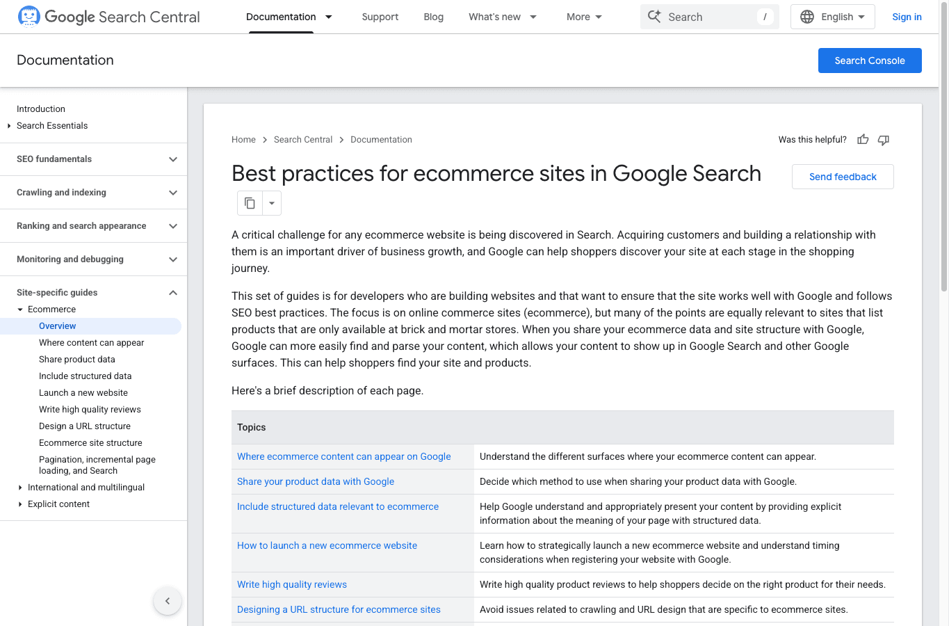 Google Search Central overview of best practices for ecommerce sites in Google Search