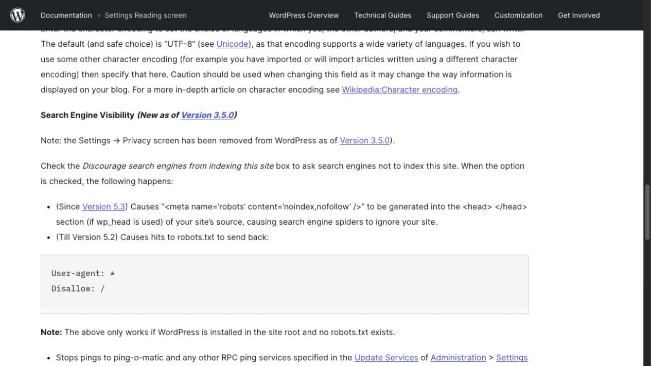 Official WordPress Settings Reading documentation discussing search engine visibility