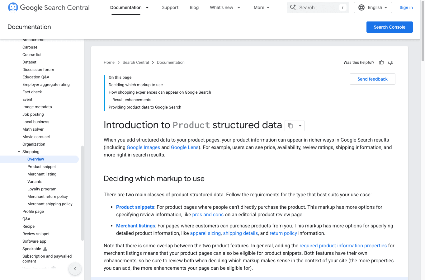 Google Search documentation showing product structured data guidance